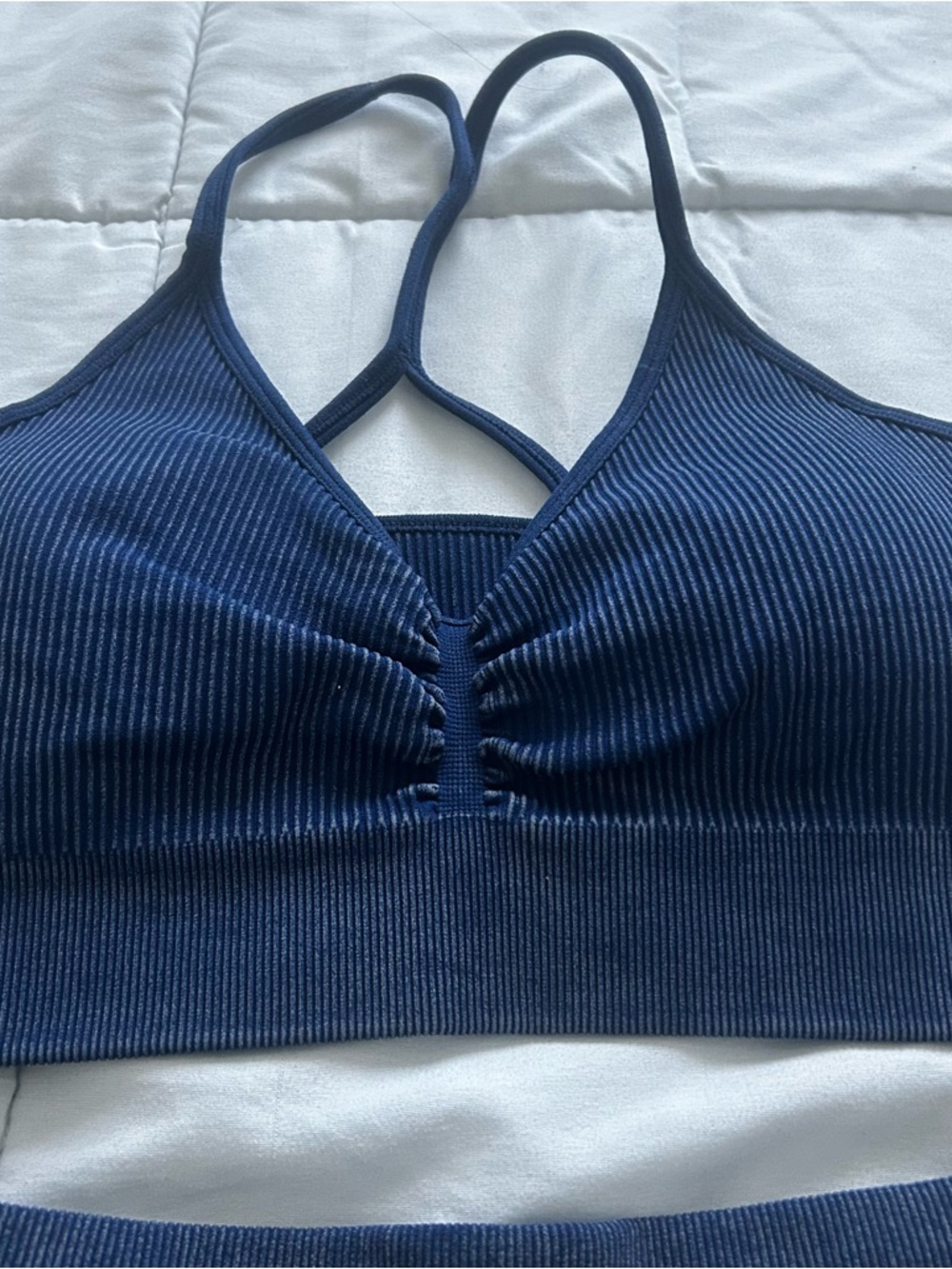 Ribbed Navy Blue Seamless Sports Bra & High-Waist Shorts Set - Picture 2 of 6